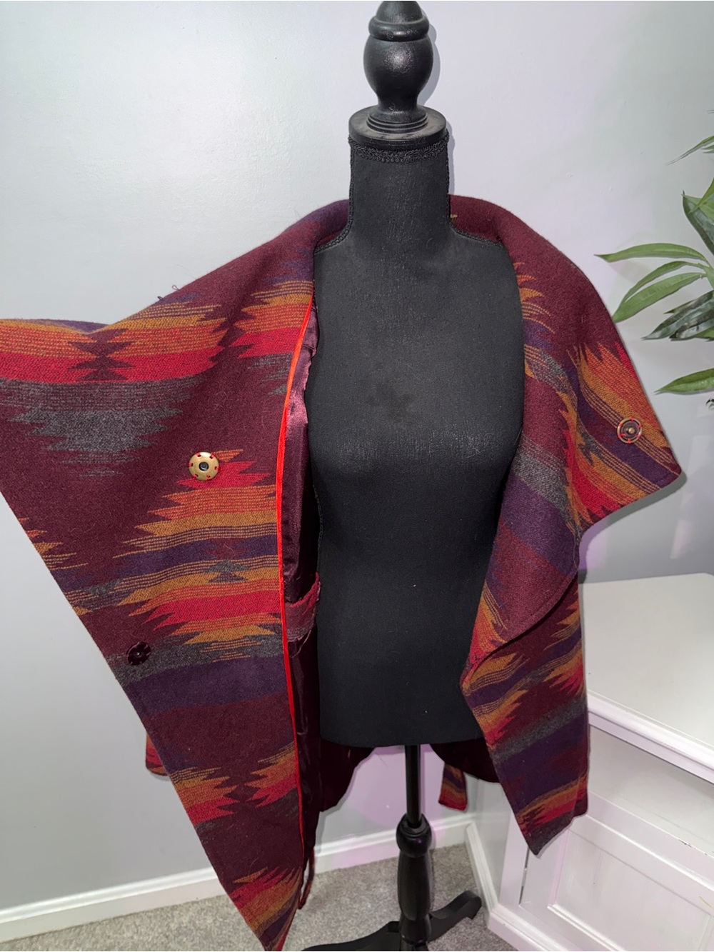 Steve Madden Burgundy Multicolor Aztec-Print Poncho Coat